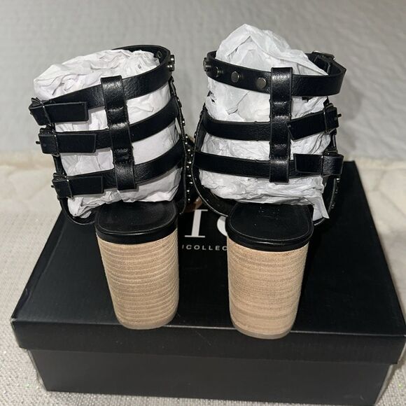 VICI 10 Celeste Black Metallic Studded Block Heel Strappy Multi Buckle Sandal - Picture 6 of 13